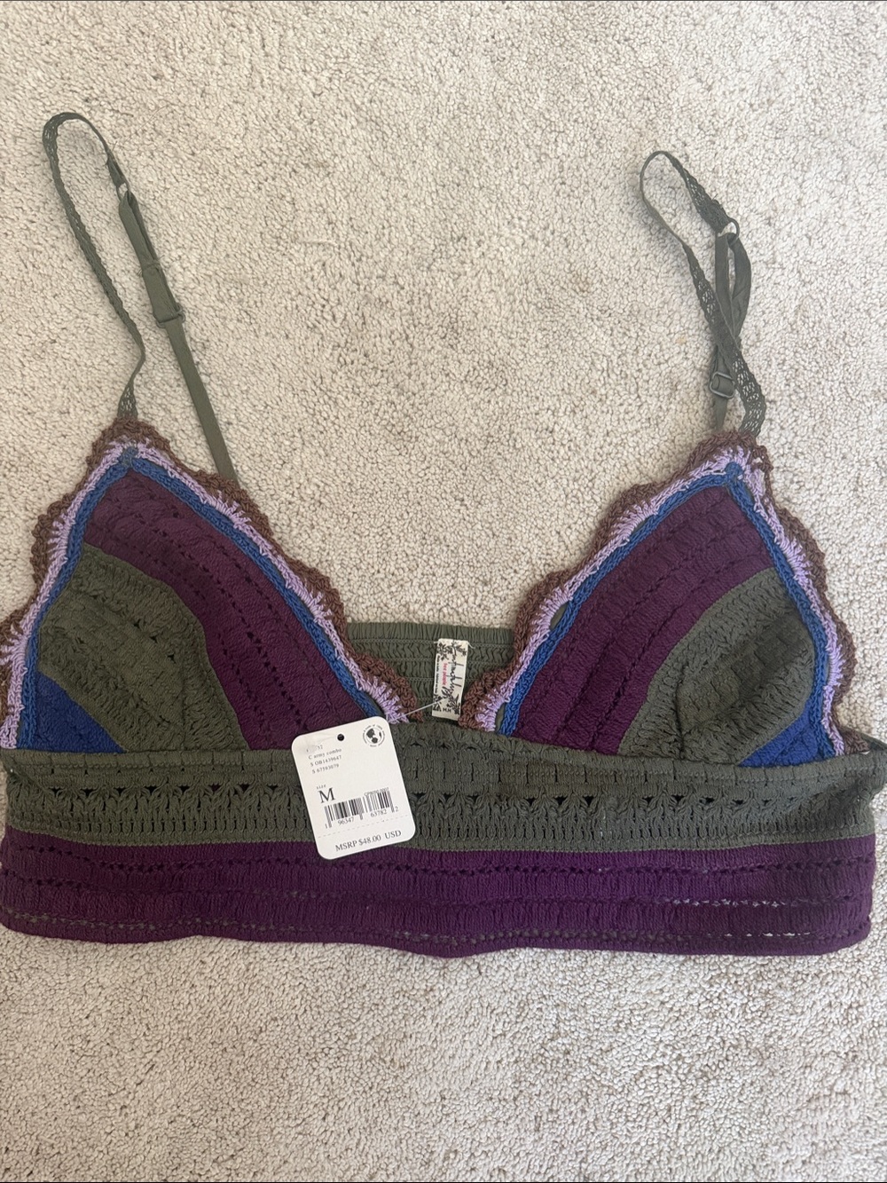 FP Crochet Triangle Bralette in Olive & Plum - Adjustable Straps